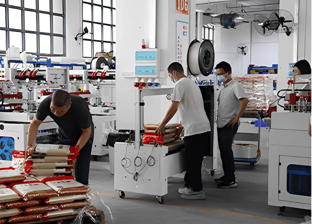 Factory workers testing carton sealing machine for bulk packaging process